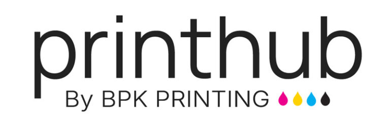 โลโก้ Printhub by BPK Printing พร้อมสัญลักษณ์หยดสี CMYK สำหรับเว็บไซต์สั่งงานพิมพ์ออนไลน์และสินค้ากึ่งสำเร็จรูปสำหรับ SME